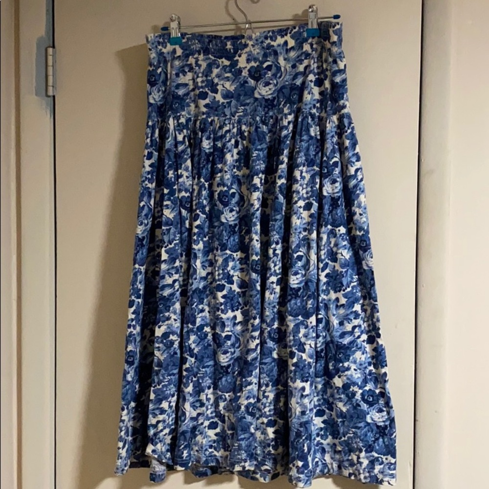 blue and white floral maxi skirt